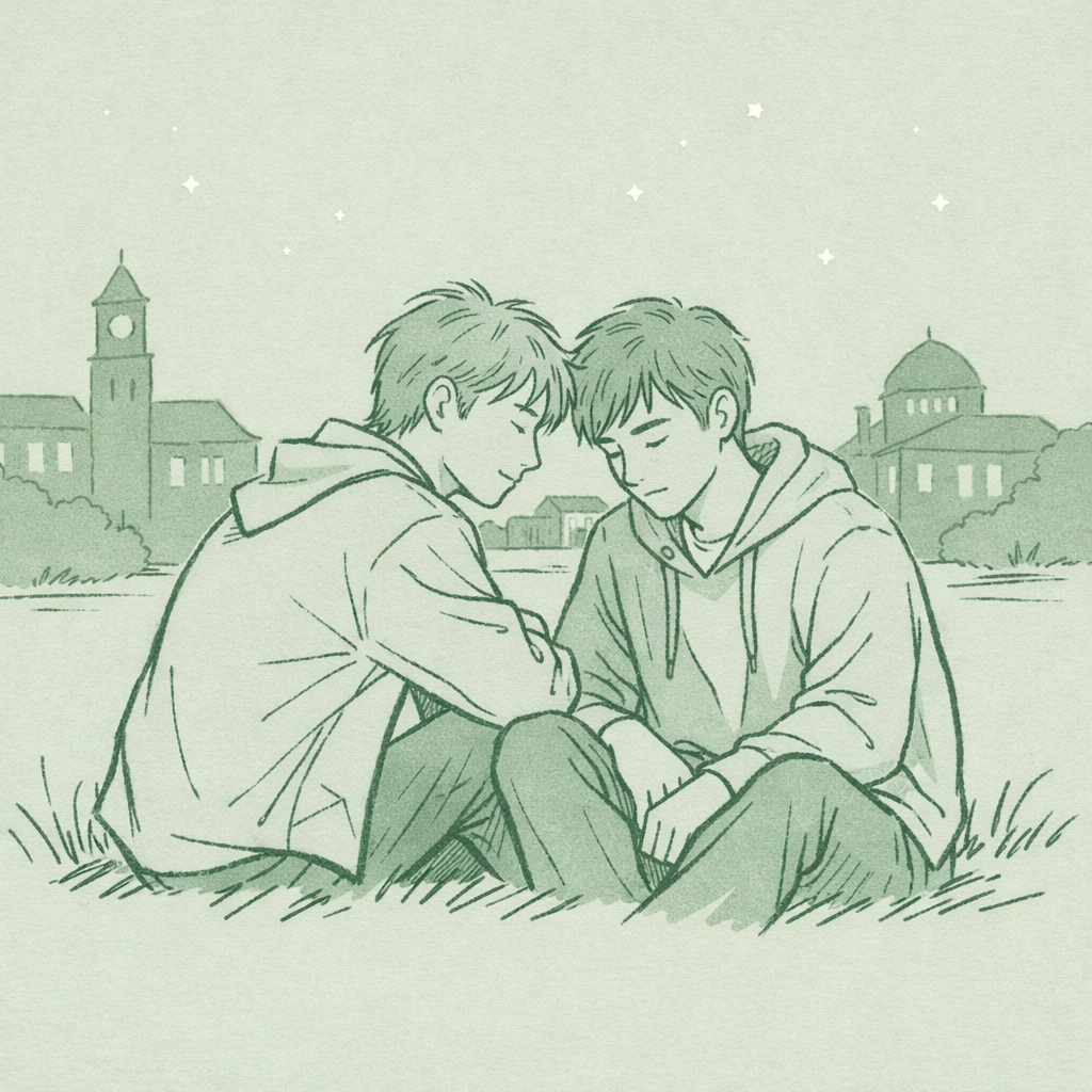 Two male students share intimate moment on campus quad under starlit sky - MM romance illustration