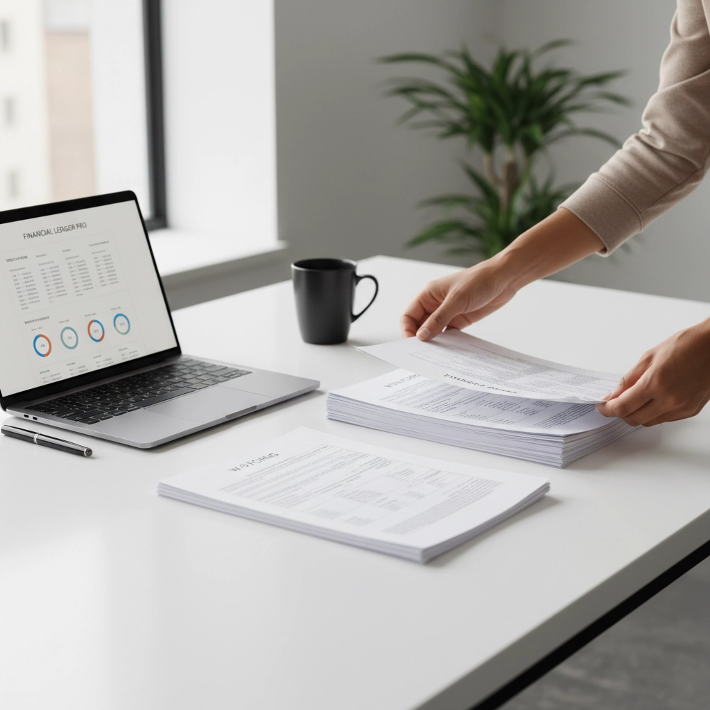 A person reviewing a stack of financial documents and tax forms on a white desk next to a laptop displaying a financial ledger dashboard.