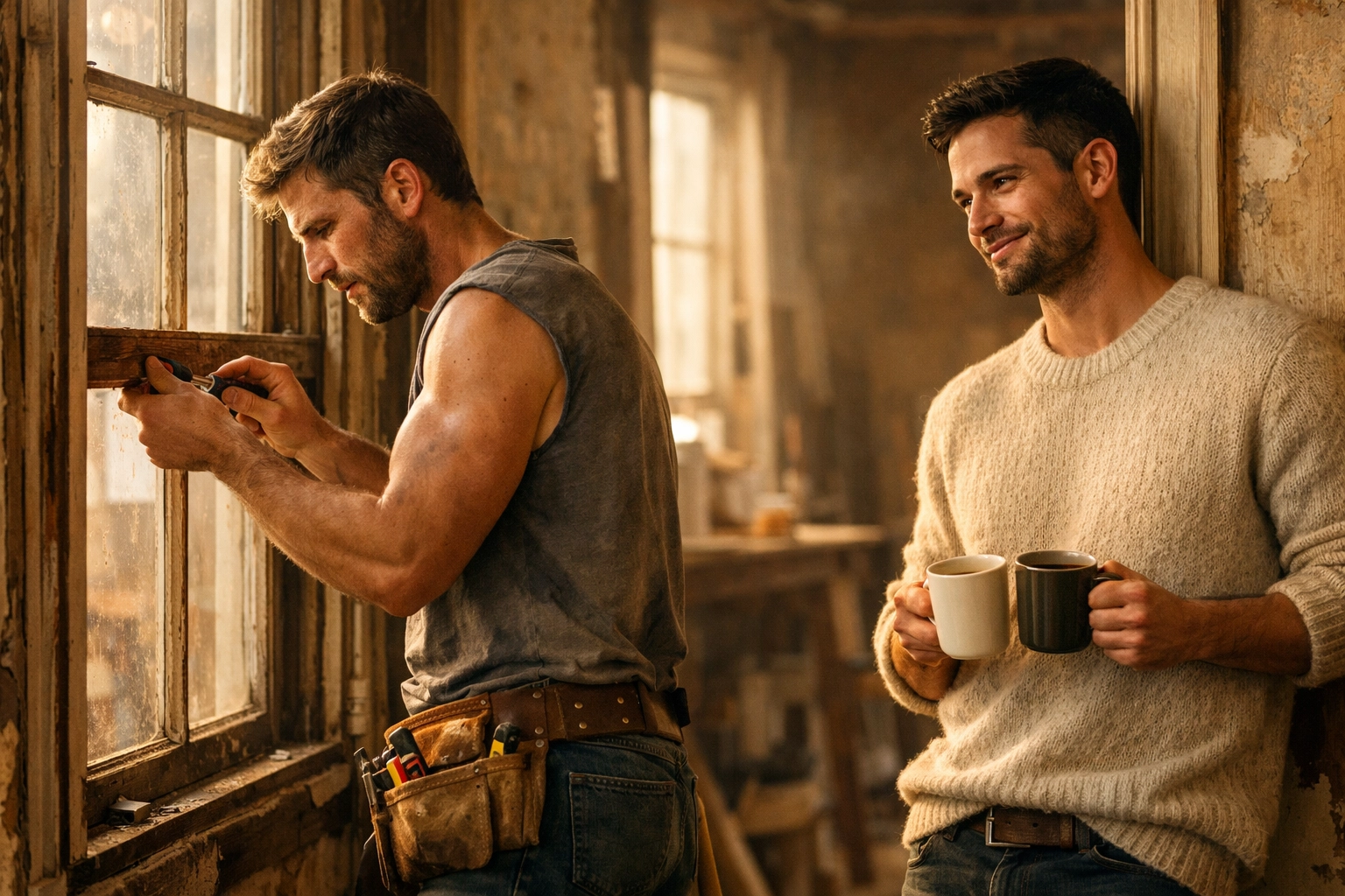 A rugged handyman repairs a window while his love interest watches, a favorite scene in gay contemporary romance.