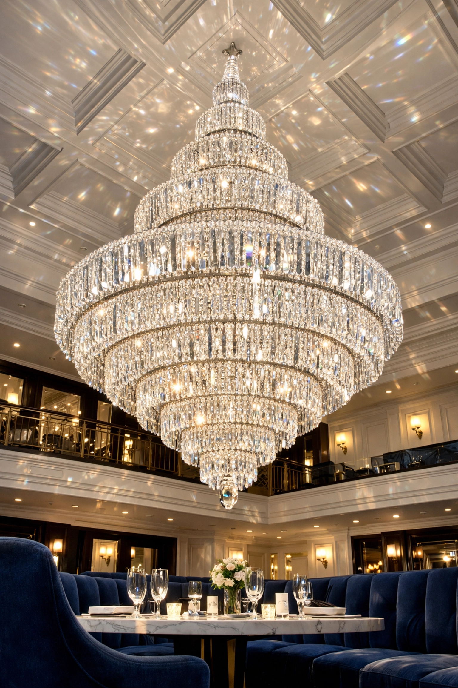 A sparkling, professionally cleaned crystal chandelier in a luxury dining room with navy and white accents.