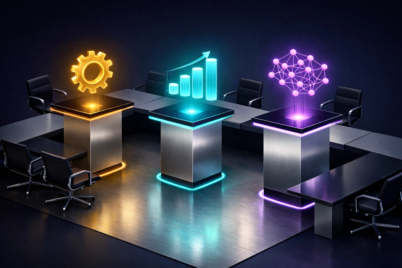Modular business icons representing fractional executive functions like operations, finance, and AI strategy.