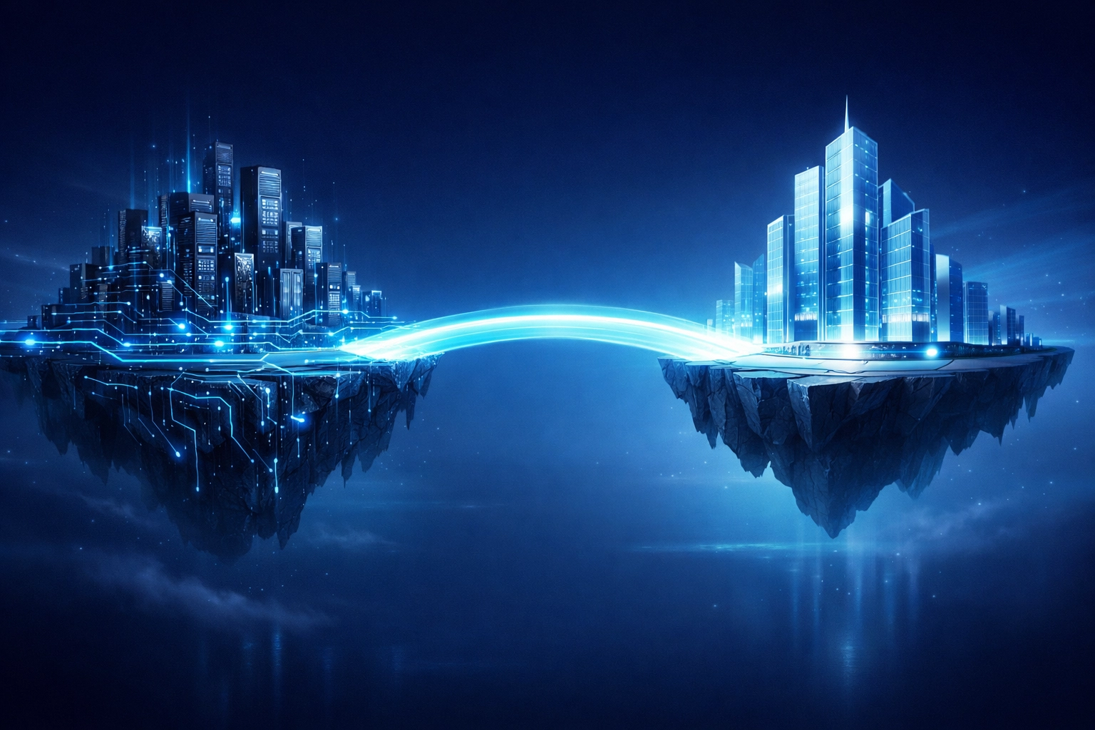 Digital bridge connecting technology circuits to a modern skyscraper, representing vCISO strategic security leadership.