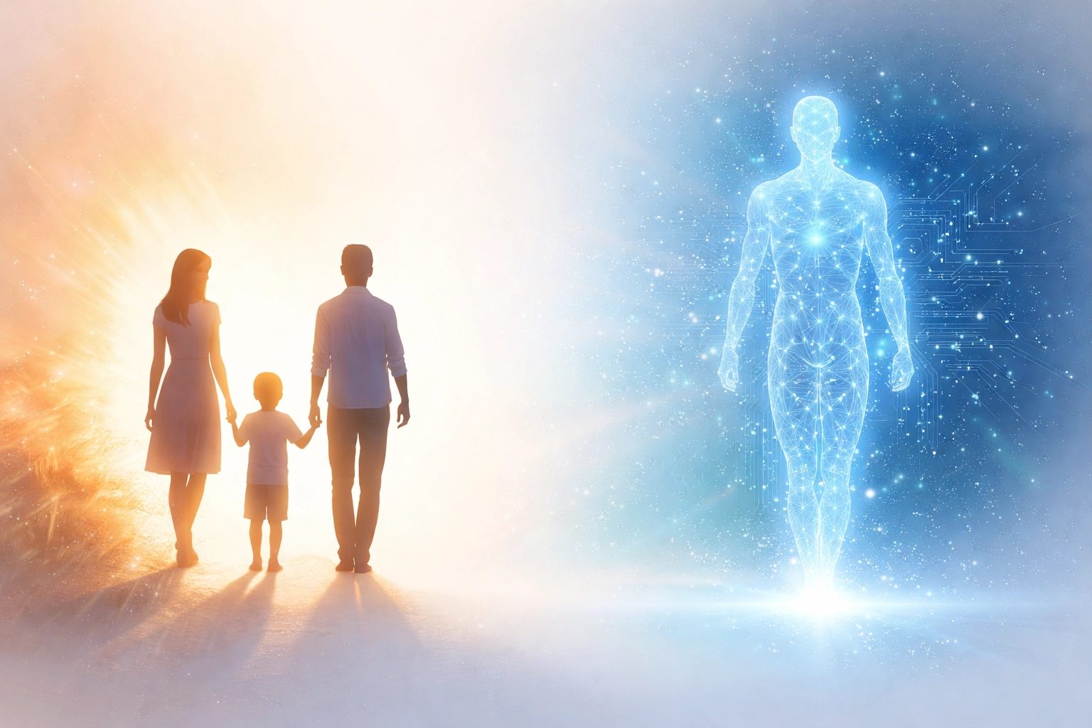 Family silhouette contrasted with AI figure representing Christian perspective on technology and human love