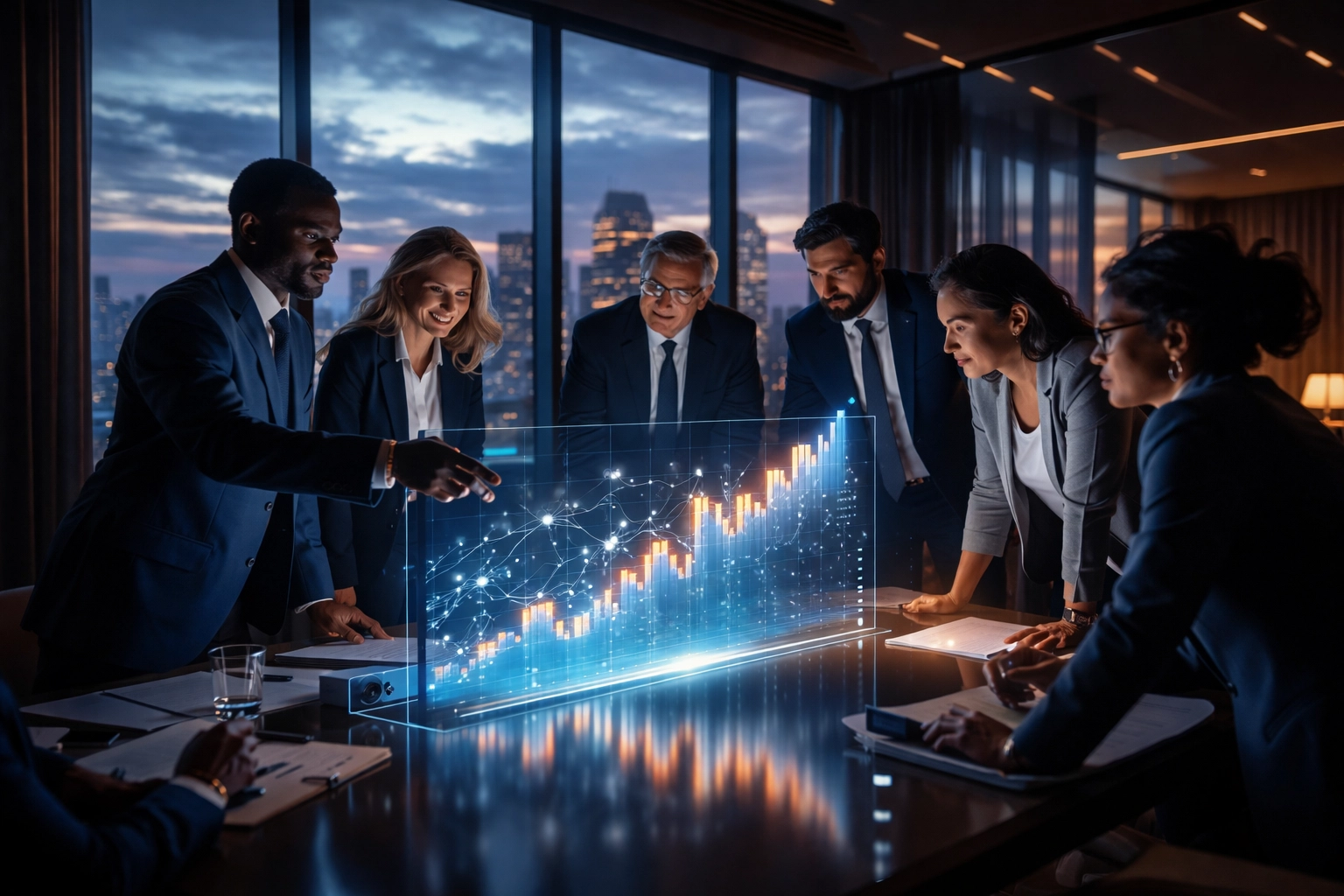 Diverse business team analyzing financial growth data, representing strategic manager selection in private equity.