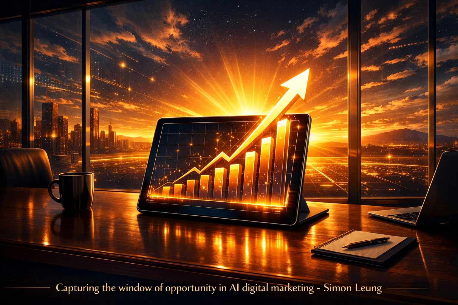 Digital tablet showing a rising growth chart representing successful AI marketing strategies with Simon Leung.