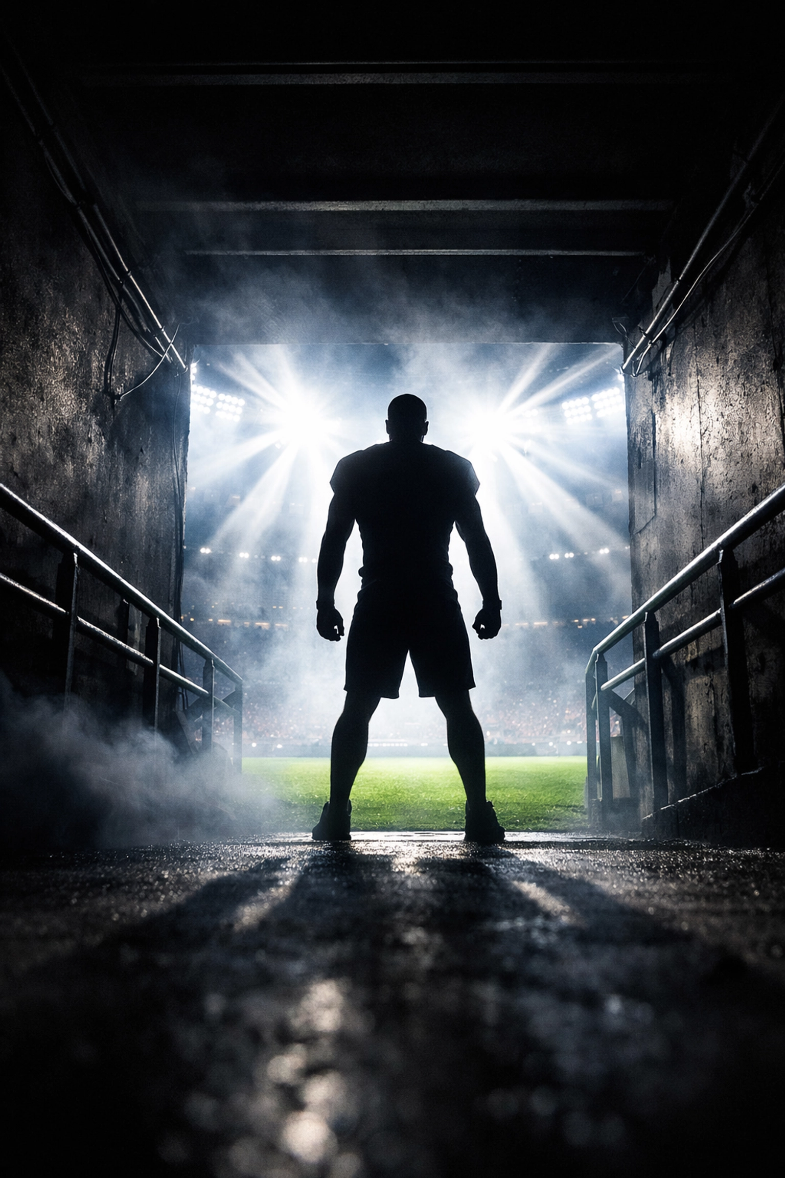 Powerful silhouette of an athlete entering a stadium tunnel, illustrating the drive to own the arena.