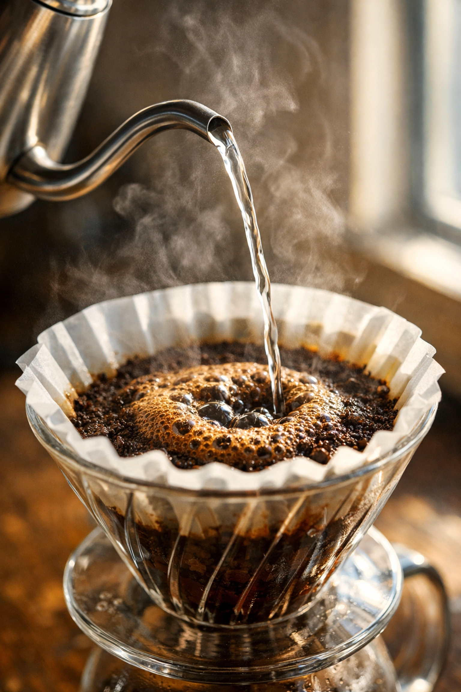 Coffee bloom phase with bubbling grounds during pour-over brewing