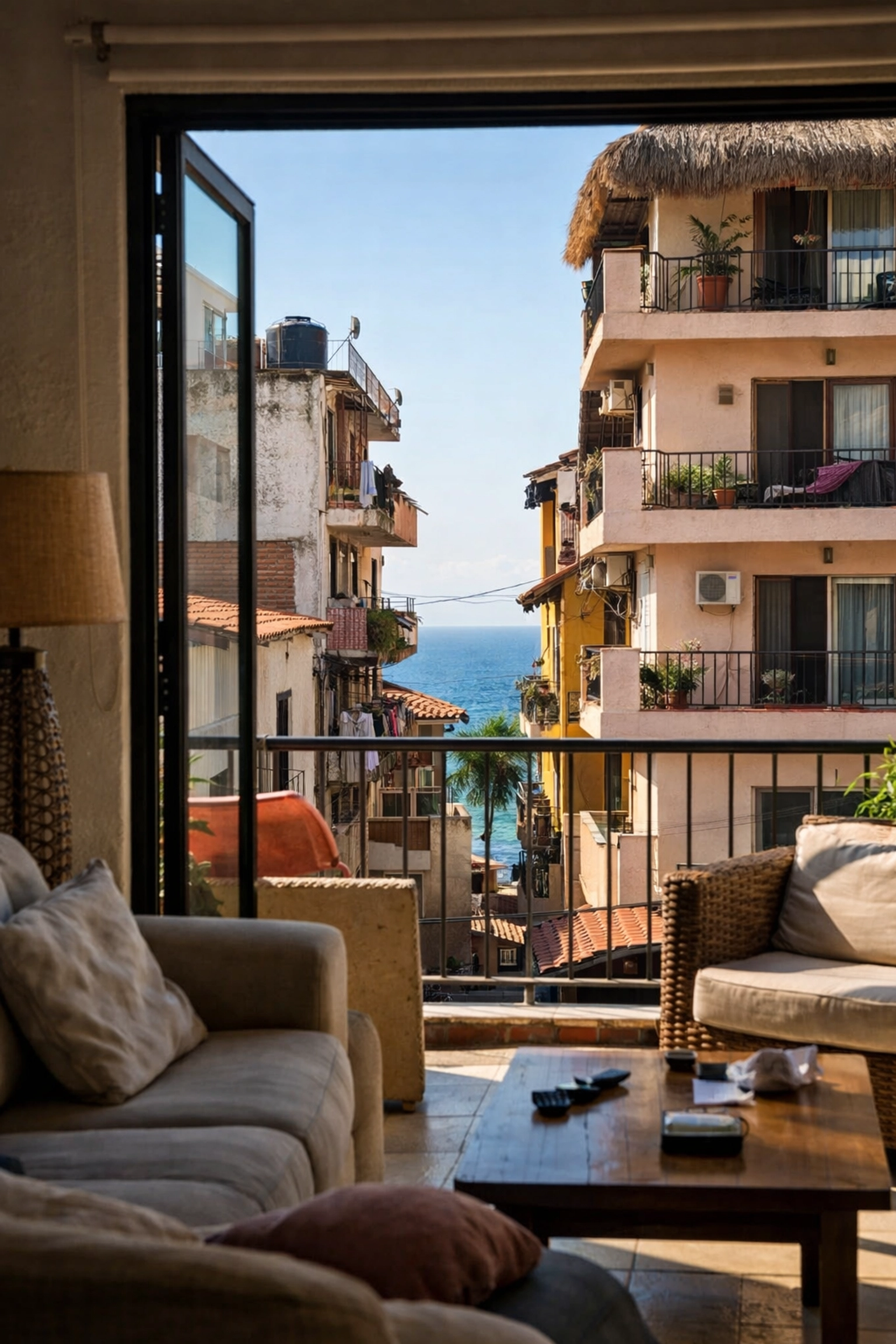 Realistic partial ocean view from Puerto Vallarta condo living room