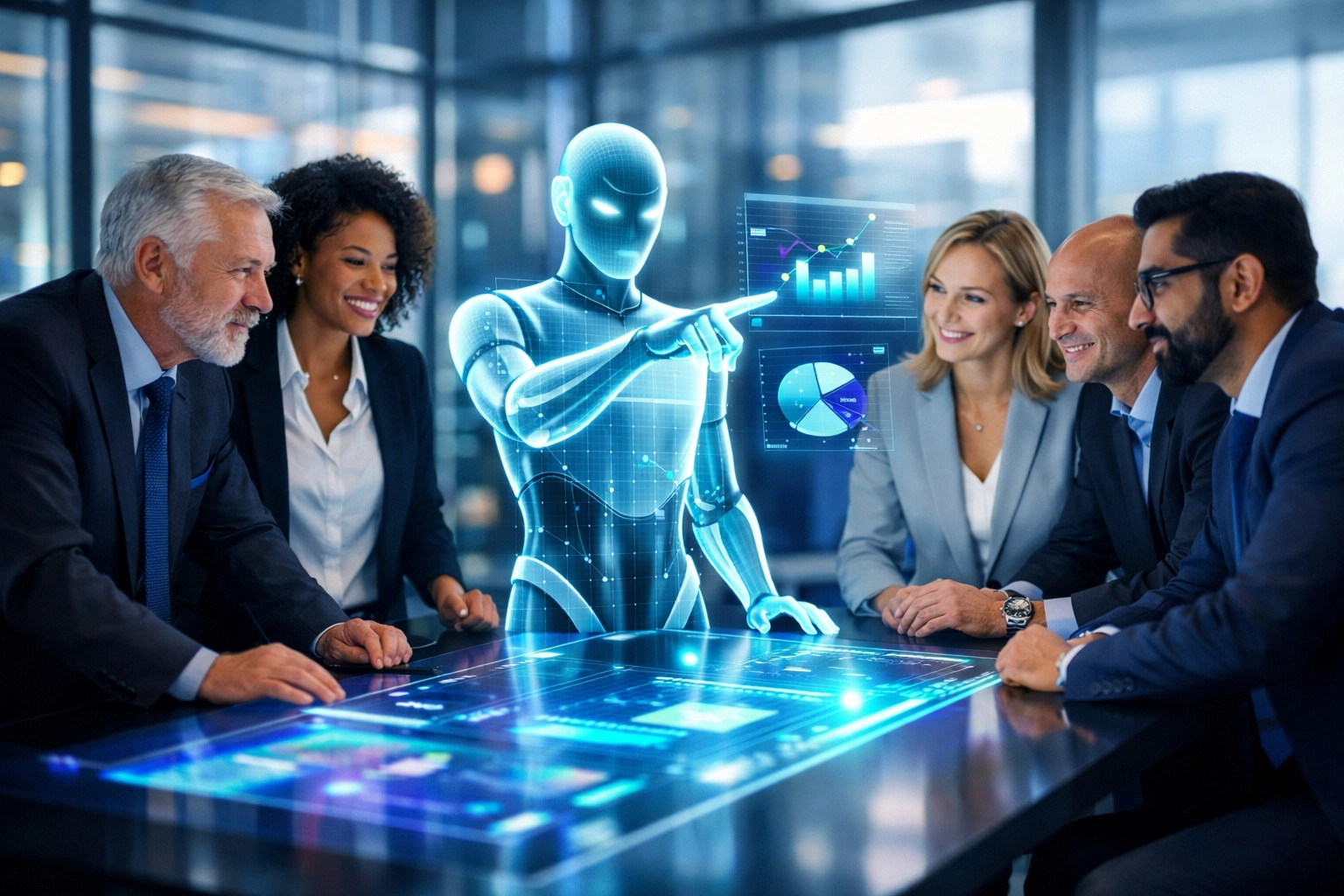 Team aus Service-Leitern und ein KI-Berater analysieren Performance-Daten für optimierte Kundenbetreuung.