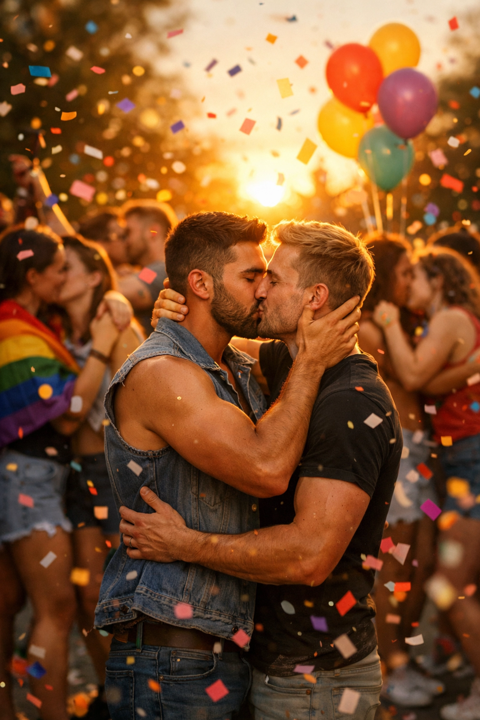 Gay male couple kissing at LGBTQ+ pride celebration with confetti symbolizing love and acceptance
