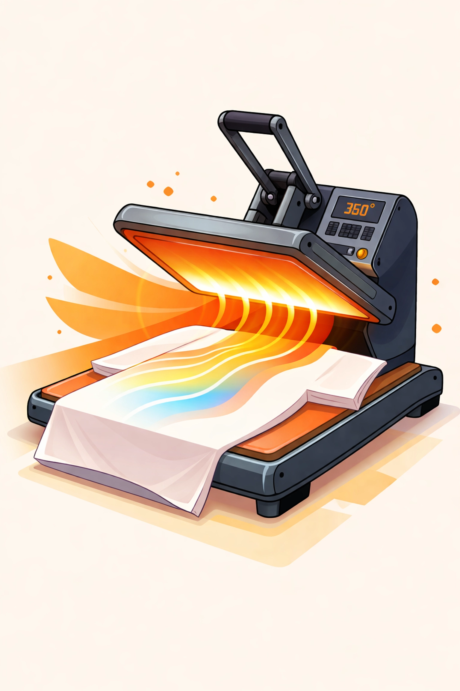 Heat press machine applying transfer to a t-shirt, highlighting apparel printing process and workflow efficiency.