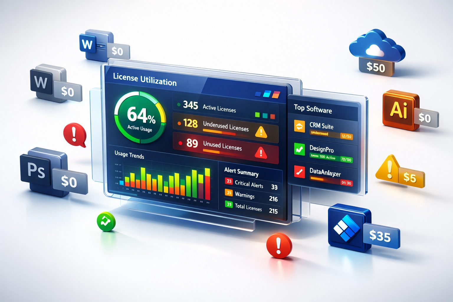 ServiceNow ITAM dashboard displaying unused and underutilized license analytics with cost optimization alerts