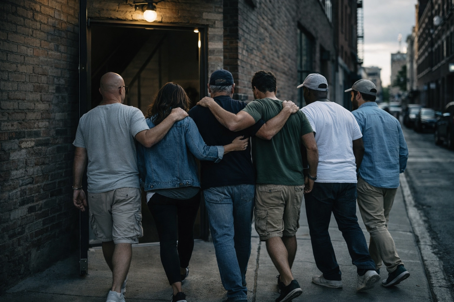 A diverse group walking together on a sunny path, symbolizing the shared journey of peer-led addiction support.