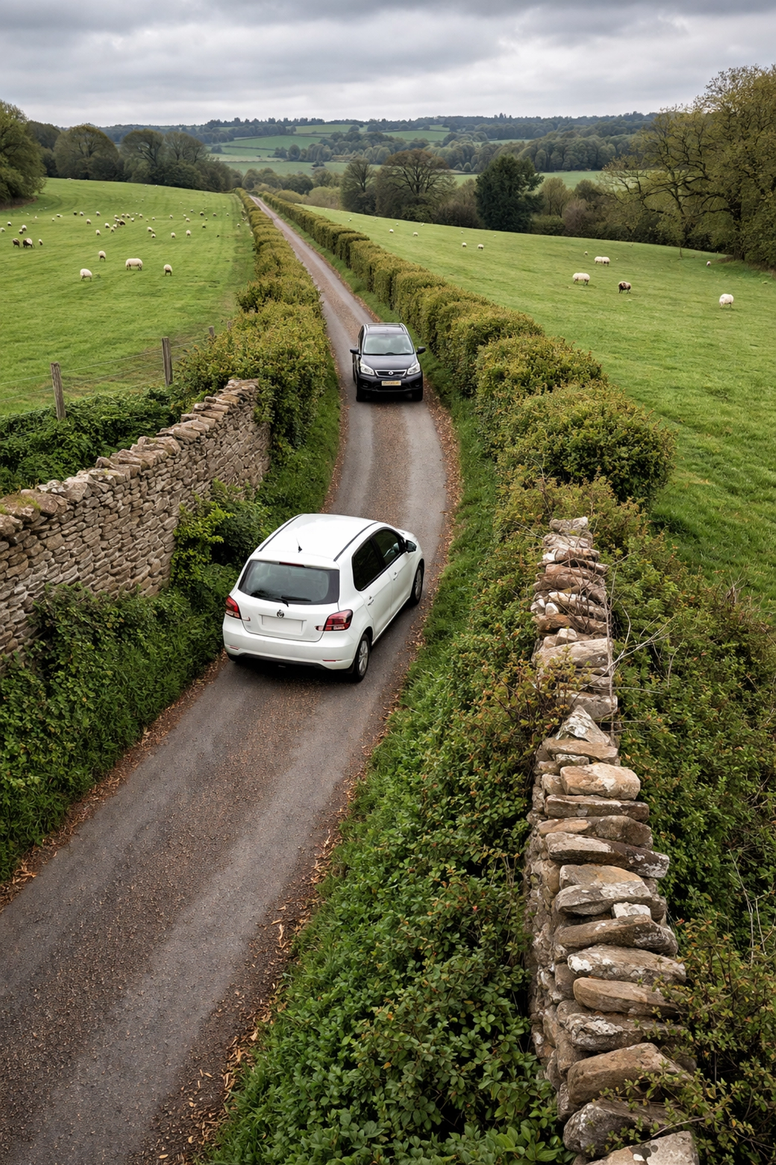 Narrow single-track Cotswolds lane showing driving hazards between villages on rural England tours