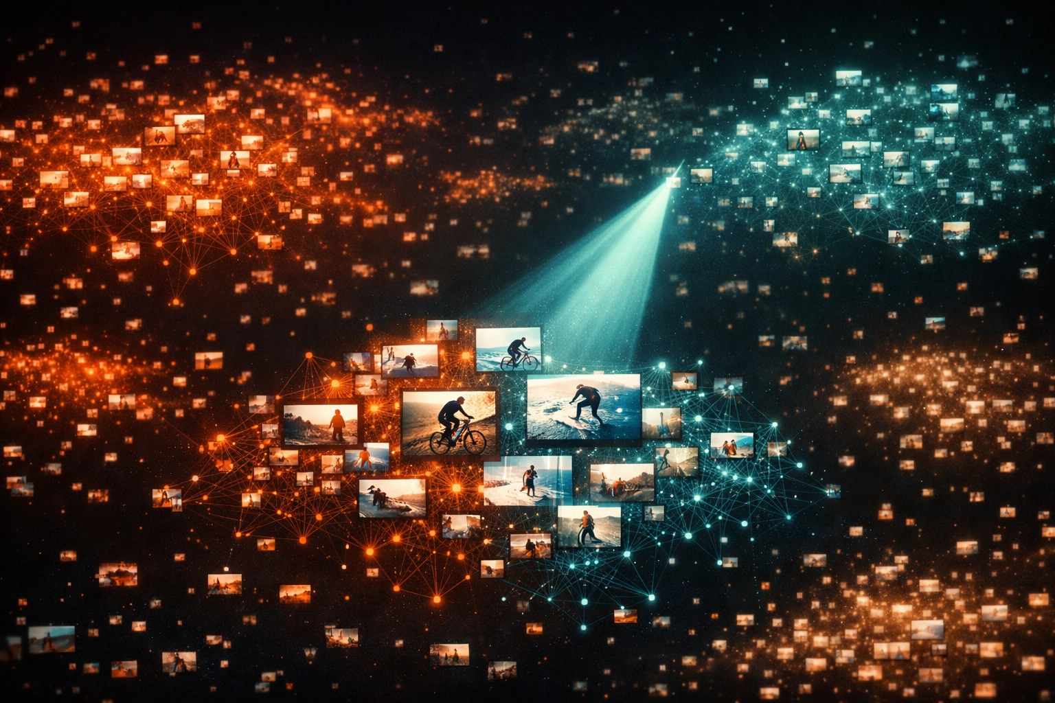 Conceptual visual of the Instagram algorithm interest graph scanning and categorizing video content.