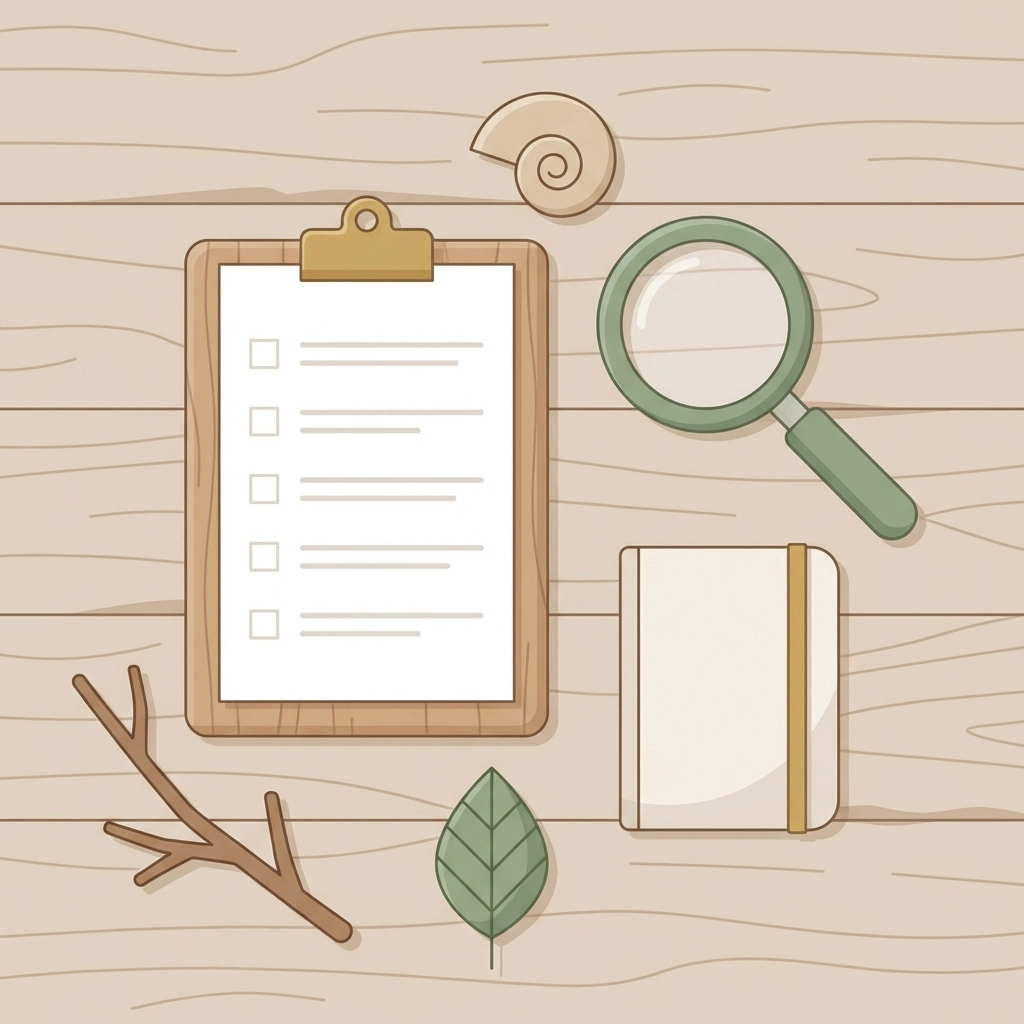 Overhead view of a scavenger hunt checklist, magnifying glass, and nature finds like shells and leaves on a wooden table