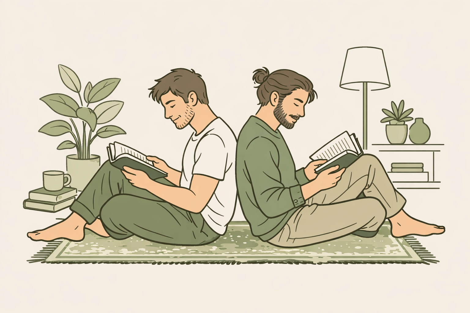 A gay couple reading together, representing the literary MM romance community at Read with Pride.