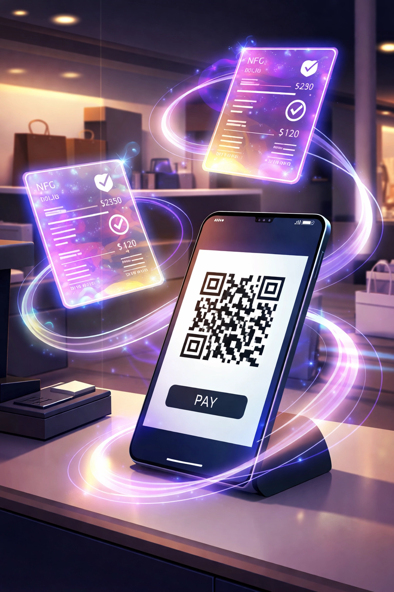 Merchant scans QR code with NFT receipts floating above, highlighting Web3 accounting and compliant crypto payments