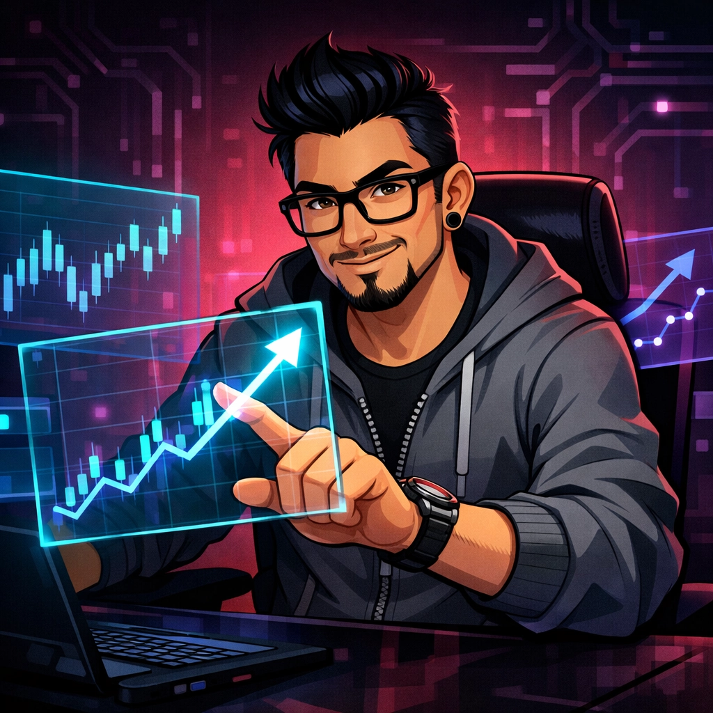 Matthew managing financial charts and AI bookkeeping tools at a cyberpunk digital workstation.
