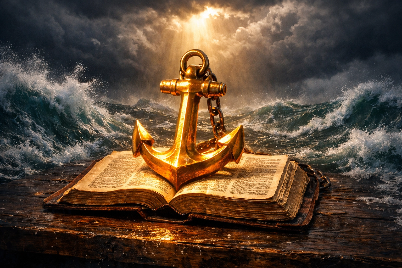 A brass anchor resting on an open Bible during a storm, representing faith anchored in Christ