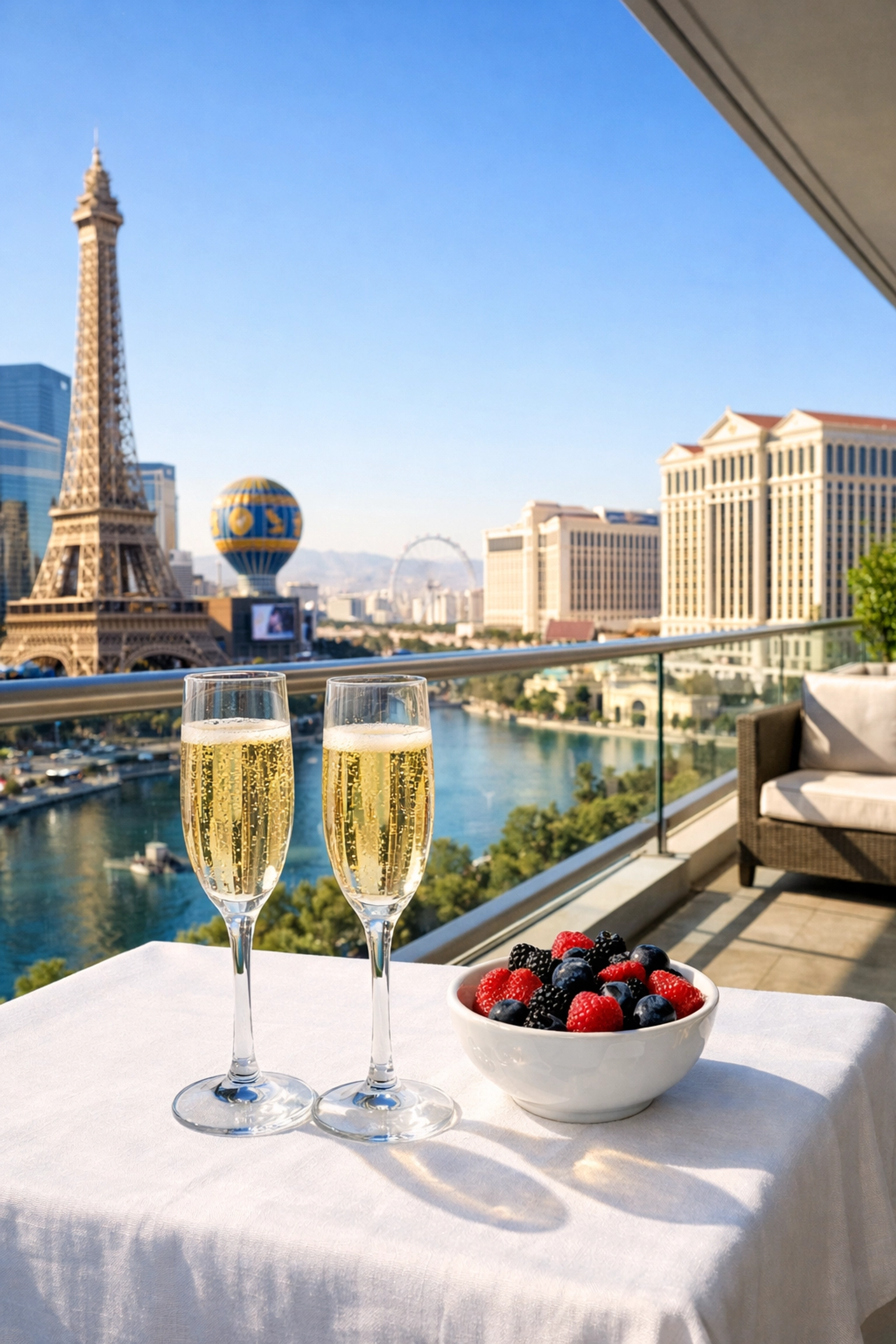 Luxury Las Vegas balcony with champagne flutes overlooking the Strip for an elite travel experience.