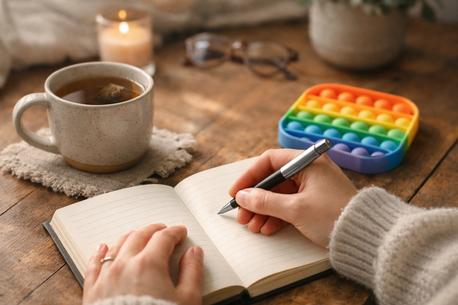 Hands journaling with a warm drink and a small fidget nearby, practicing self-compassion while awaiting an adult ADHD assessment.