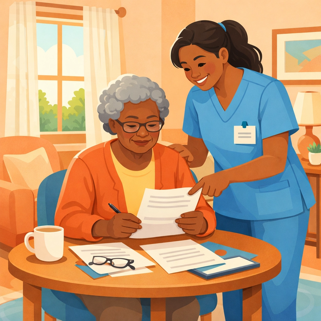 Home care nurse helping elderly woman review Medicaid redetermination paperwork in Georgia