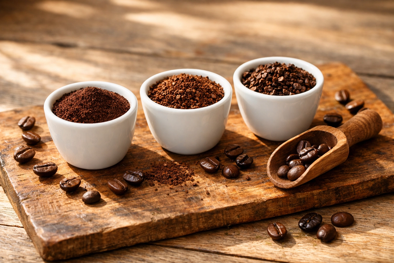Three coffee grind sizes compared: fine espresso, medium pour over, and coarse french press