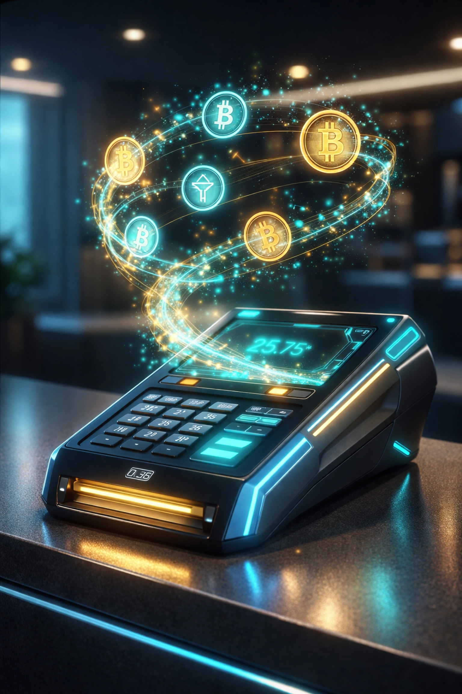 A futuristic crypto POS terminal with glowing interfaces symbolizes next-gen payment solutions for small businesses.