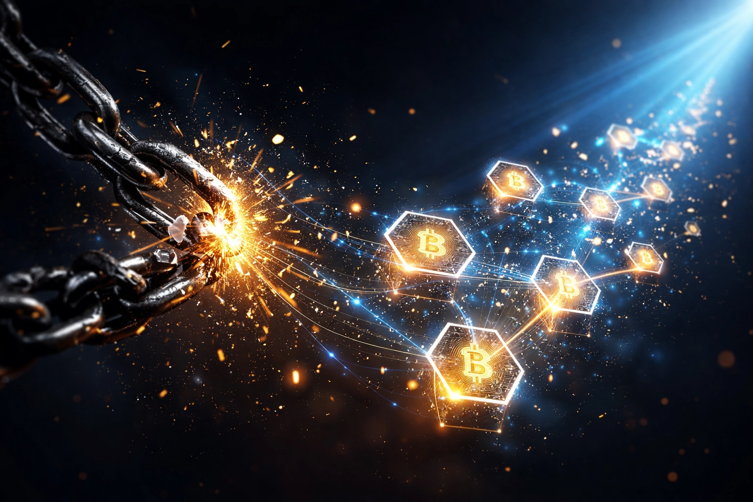 Visual metaphor of breaking free from traditional payment systems using blockchain technology and digital crypto nodes