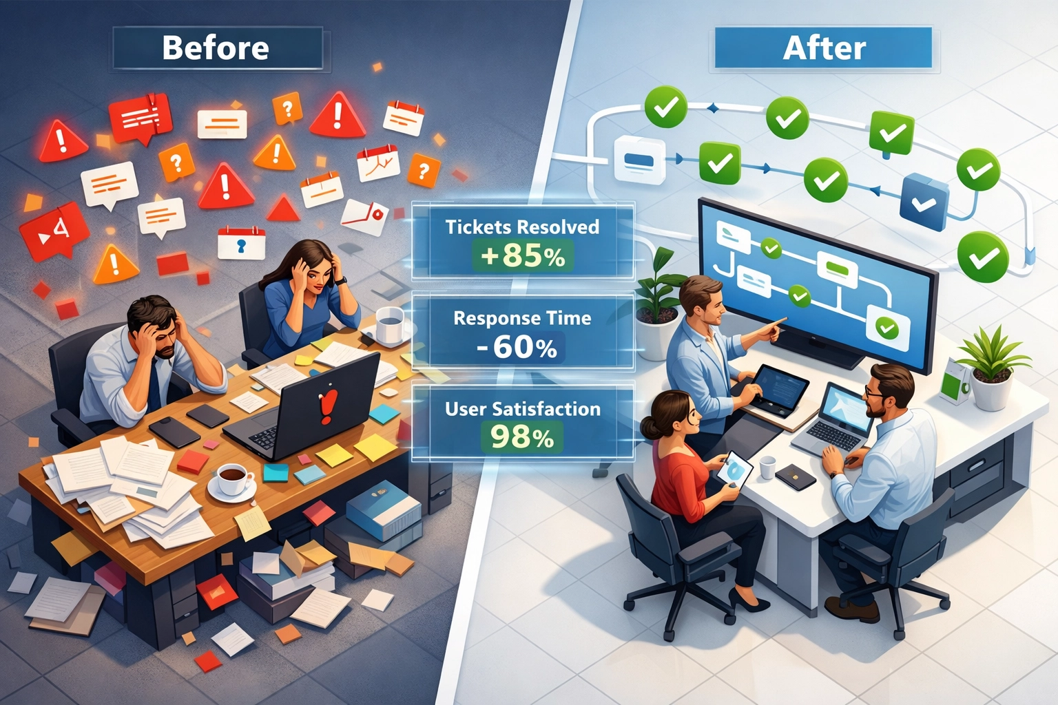 Before and after ServiceNow implementation showing workflow transformation and ROI improvements