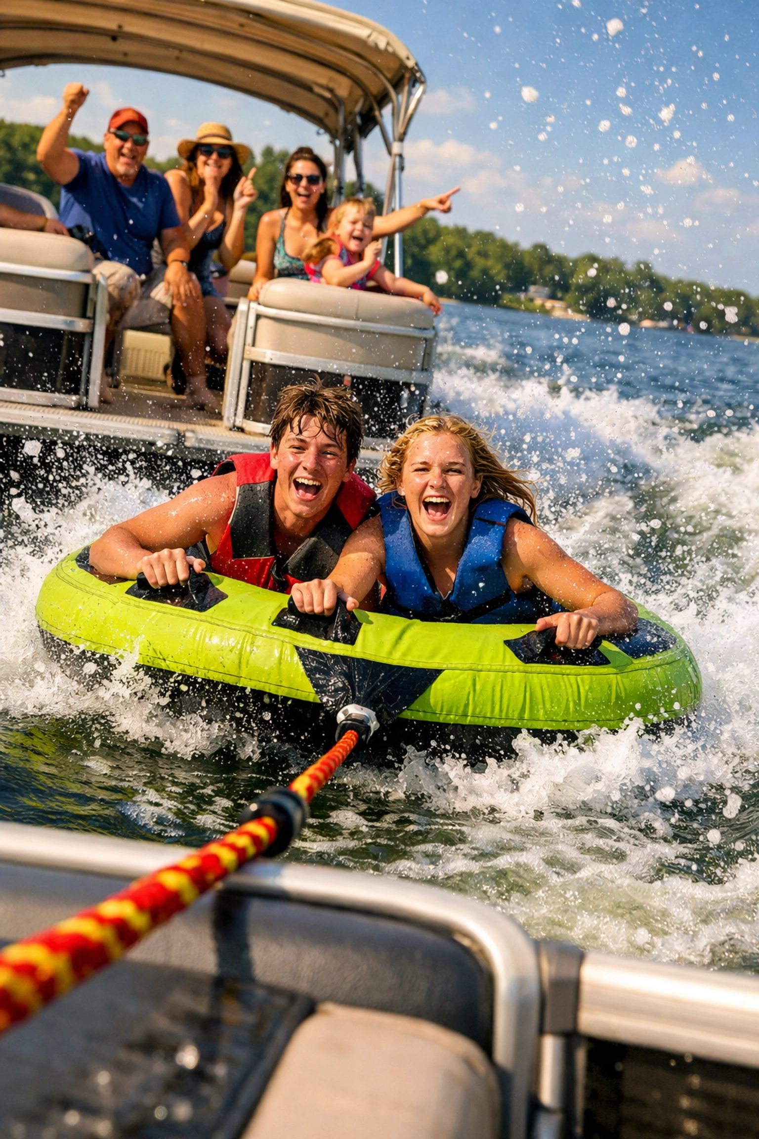 A pontoon boat towing an inflatable tube to show 150hp performance for watersports.