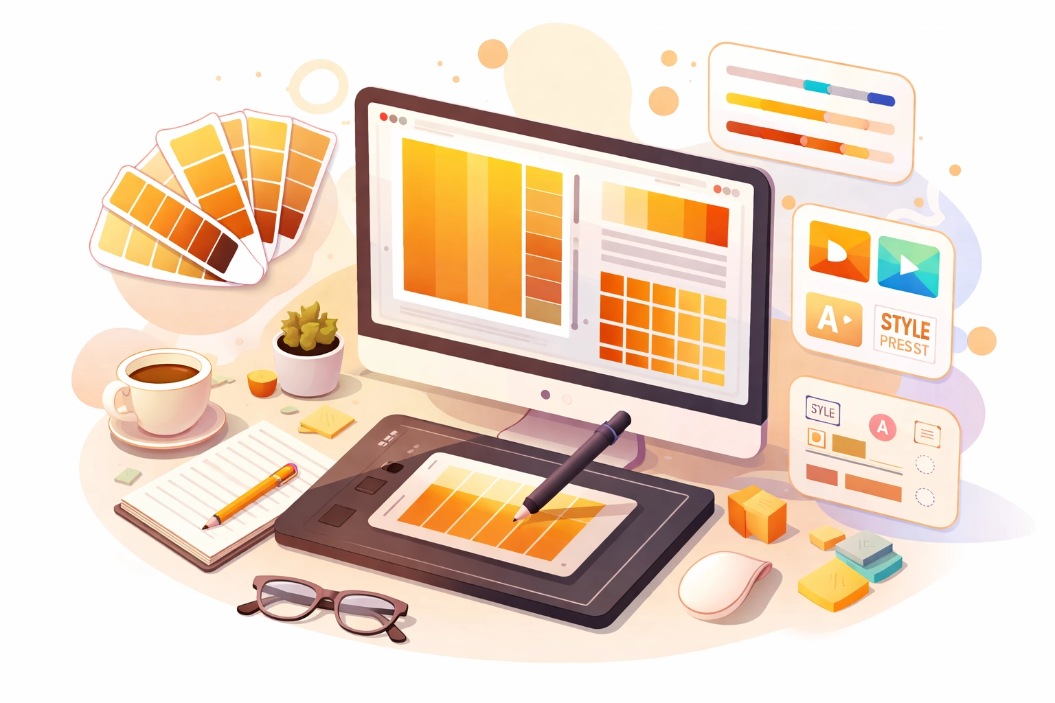 Creative workspace illustration highlighting photo customization and branding in professional retouching.