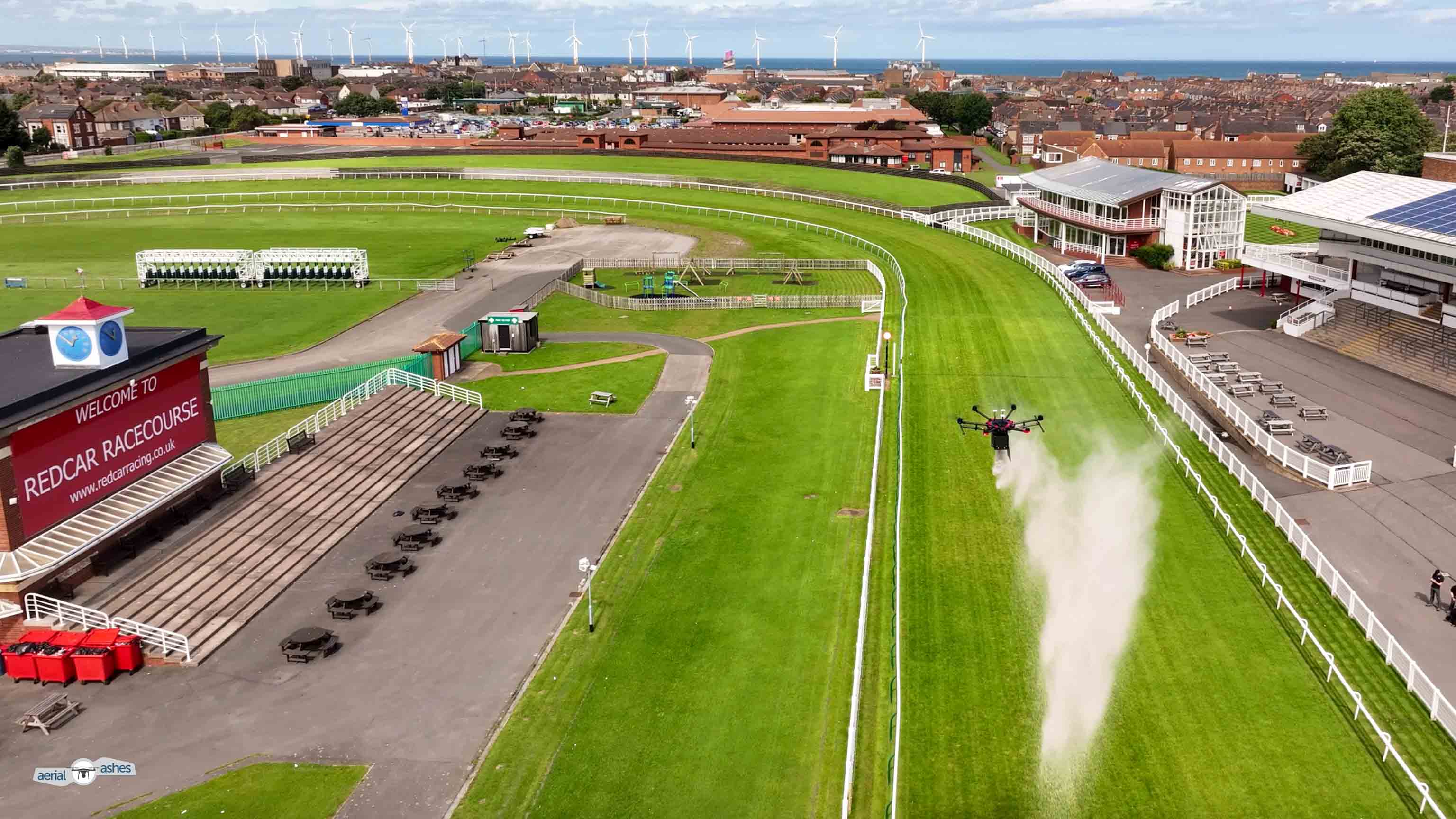 A drone scattering ashes at Redcar Racecourse