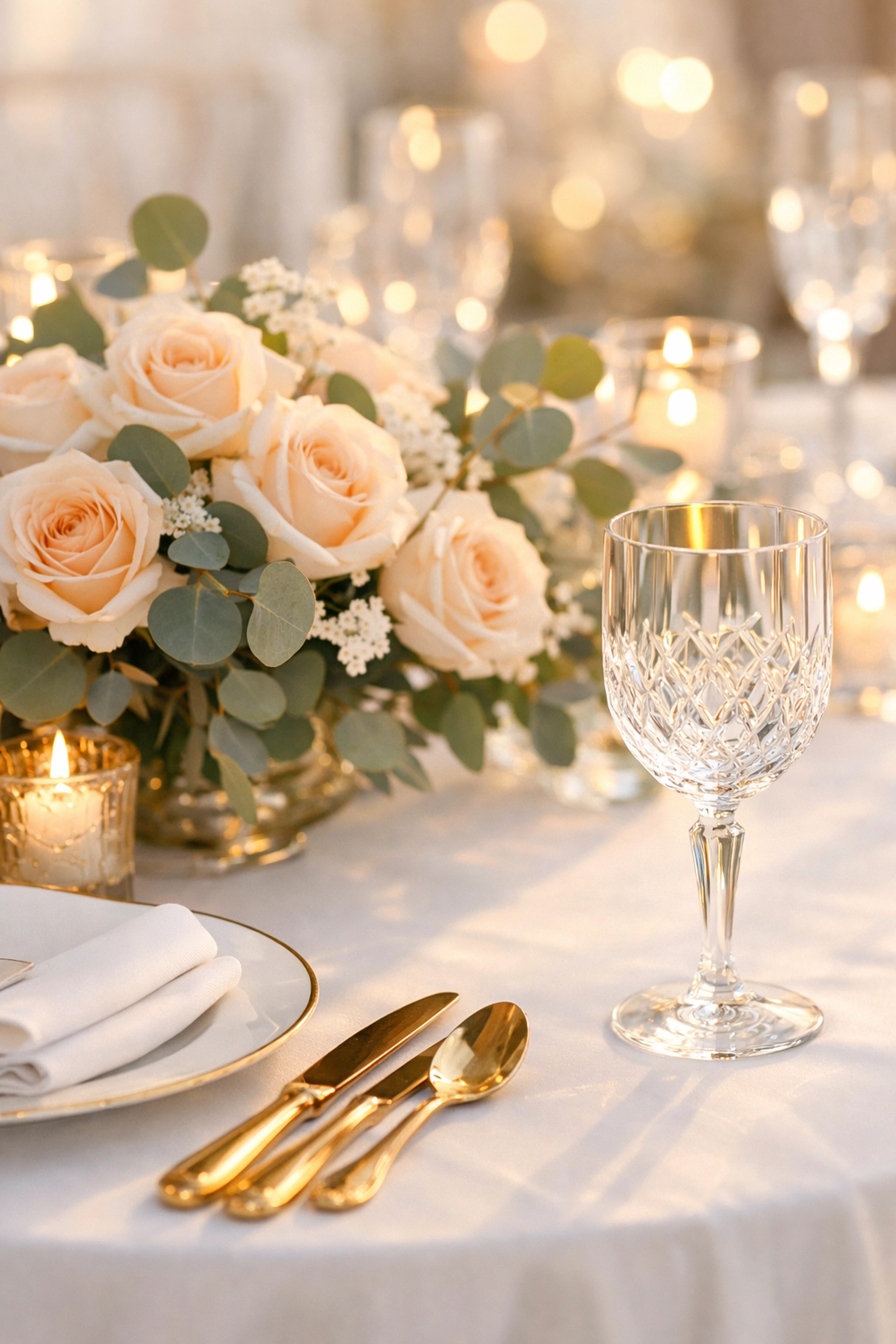 Elegant luxury wedding reception table setting symbolizing a debt-free celebration.