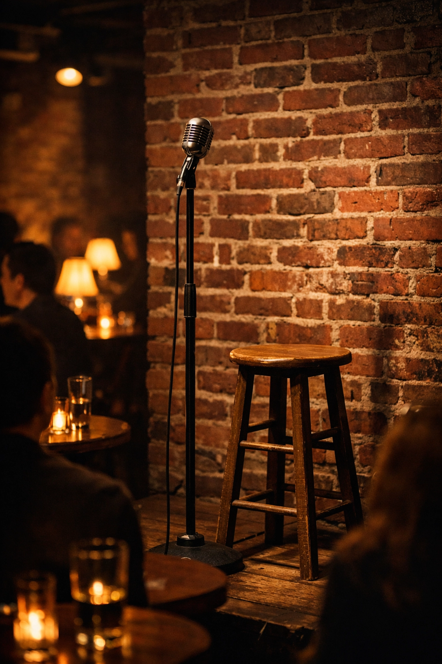 Intimate Montreal comedy club stage with a vintage microphone and stool against a rustic brick wall.