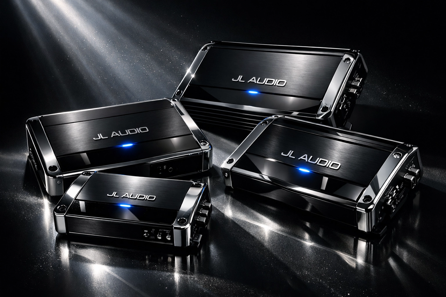 JL Audio MVi and M-series marine amplifiers with LED indicators and premium finishes