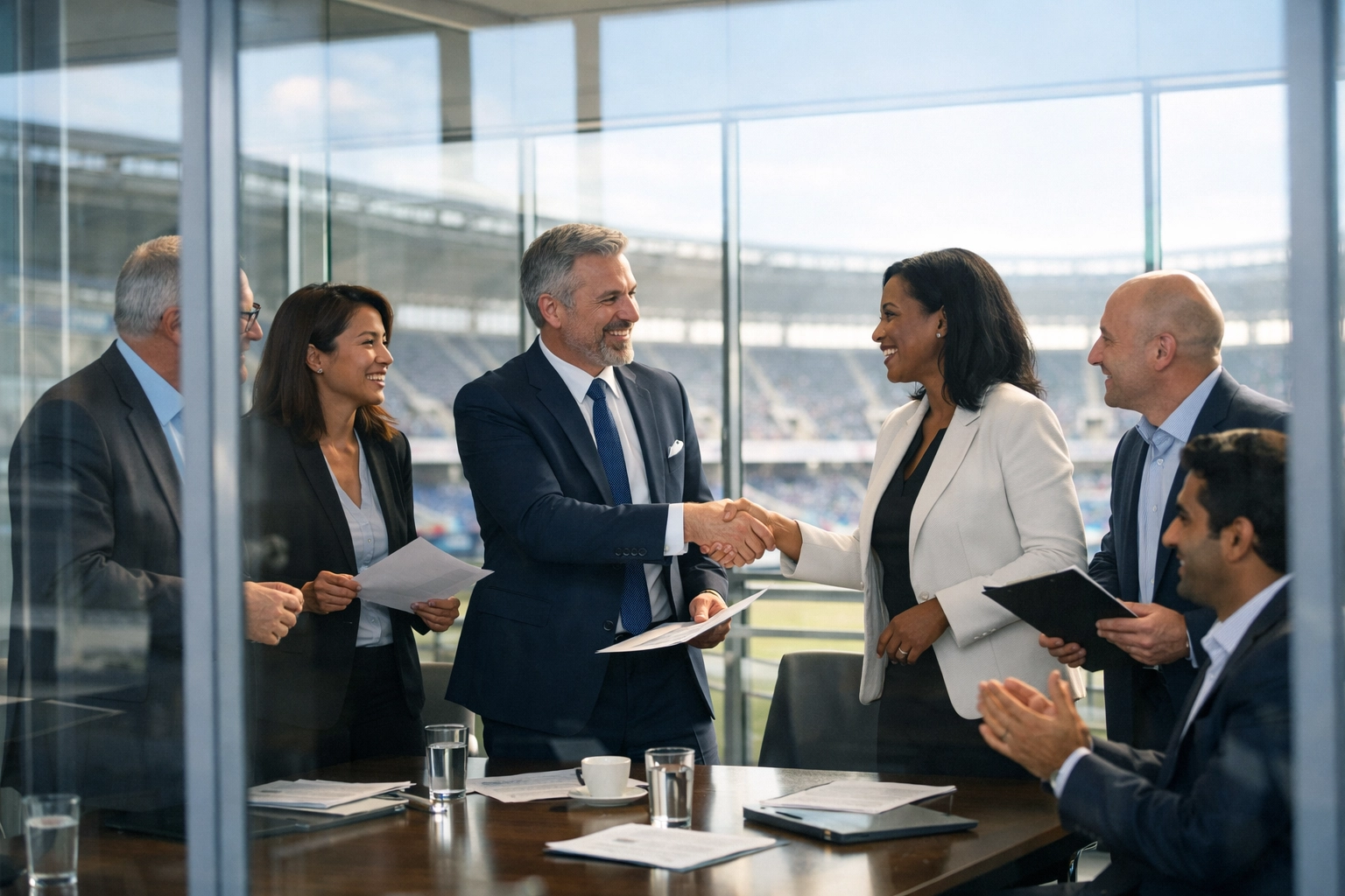 Executives closing business deal in conference room overlooking stadium