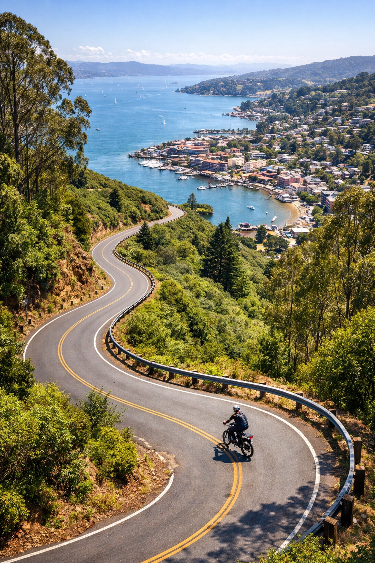 Scenic descent from golden gate bridge to sausalito on electric bike with richardson bay view