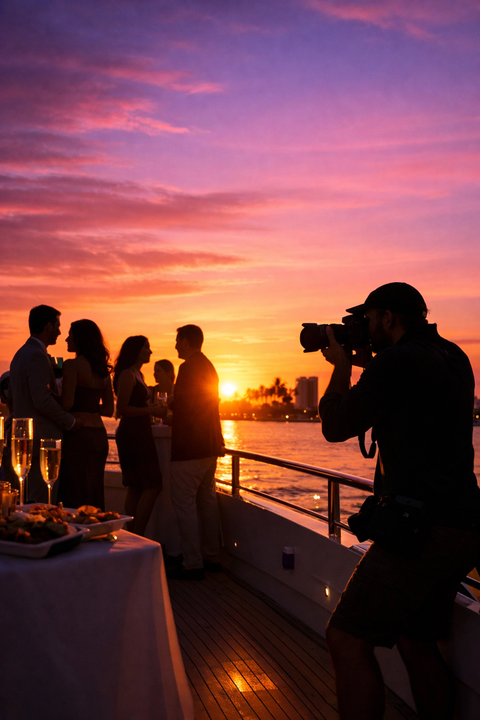 Miami event photographer capturing a luxury yacht cocktail reception during magic hour at Miami Beach.