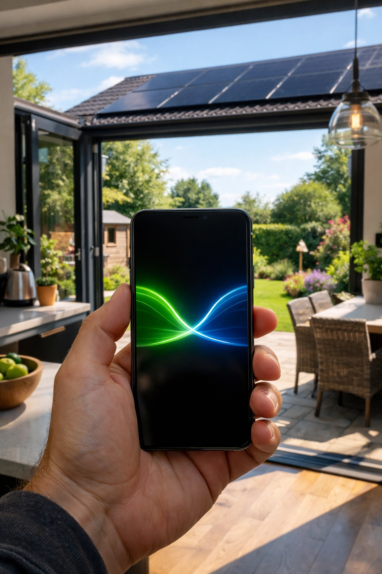 UK homeowner monitoring solar energy generation and battery storage using a mobile app.