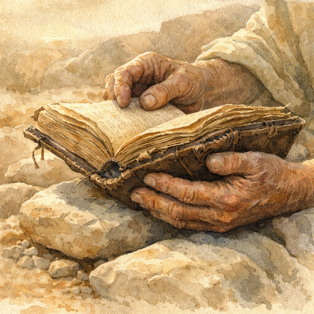Weathered hands holding ancient scripture on desert stones during pilgrimage