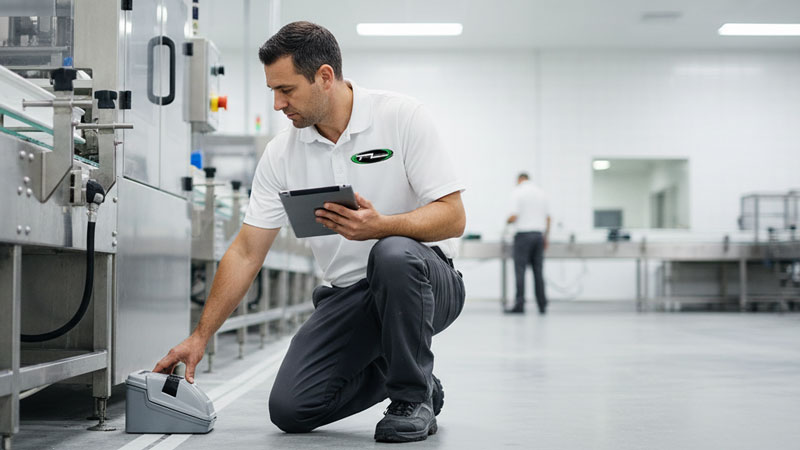 Titanium Laboratories technician conducting an indoor environmental inspection in a food processing facility