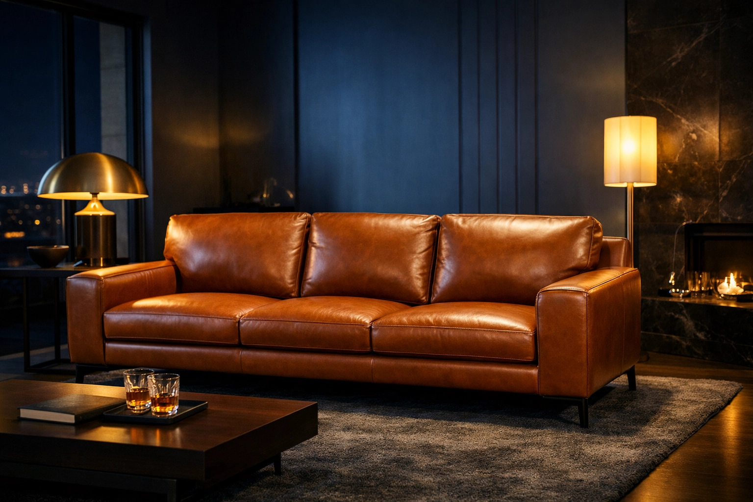 A pristine cognac leather sofa in a modern home, reflecting professional house cleaning care.