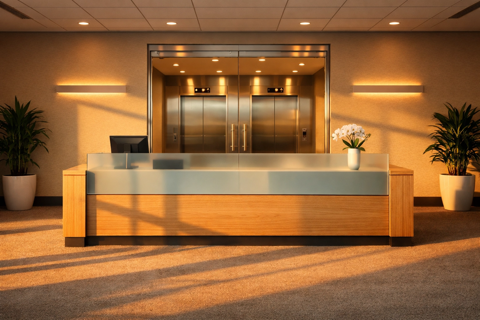 Modern office reception area with vacuumed carpets and a clean desk representing professional property management.