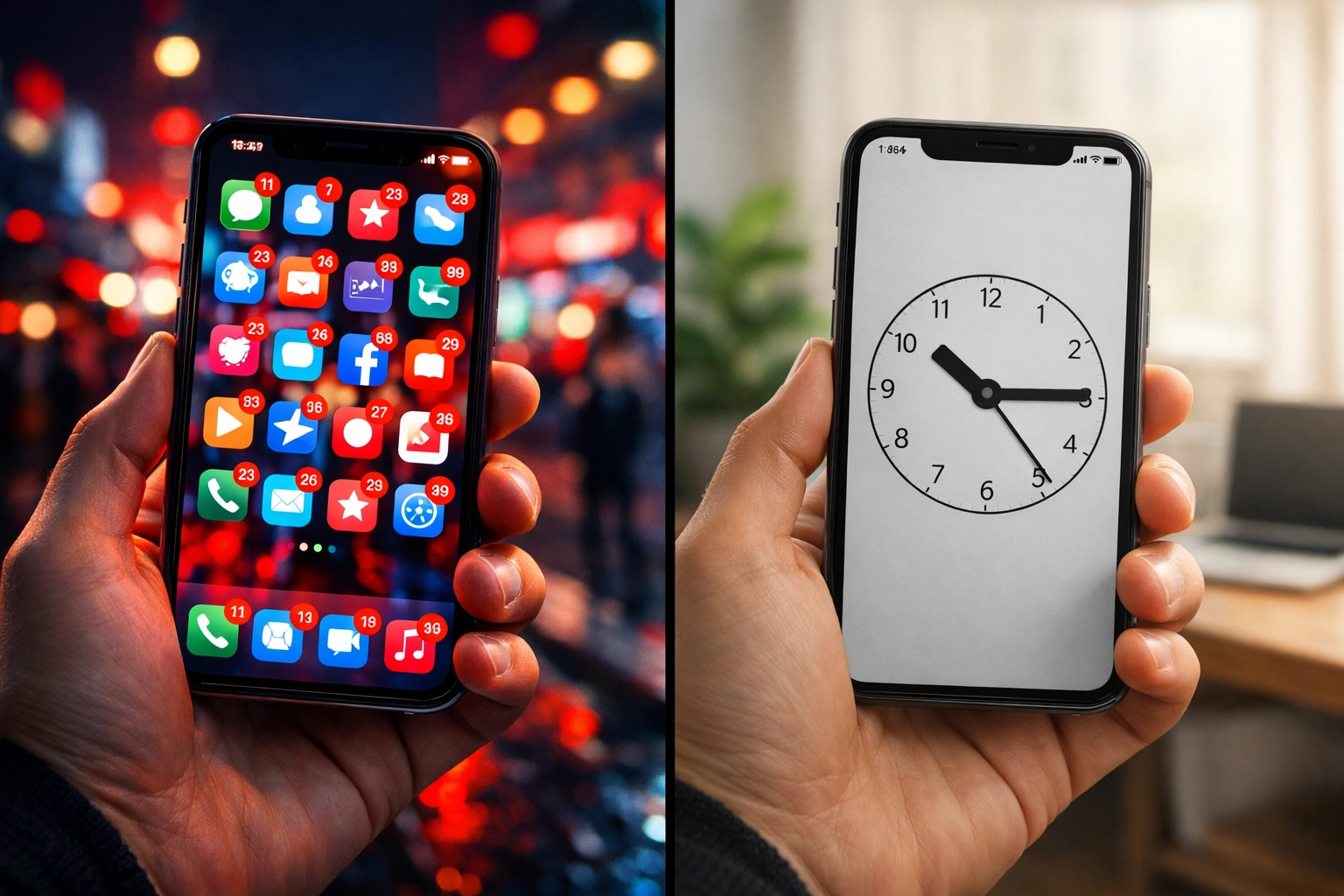 Smartphone split screen comparing a cluttered color interface with a minimalist grayscale digital detox mode.