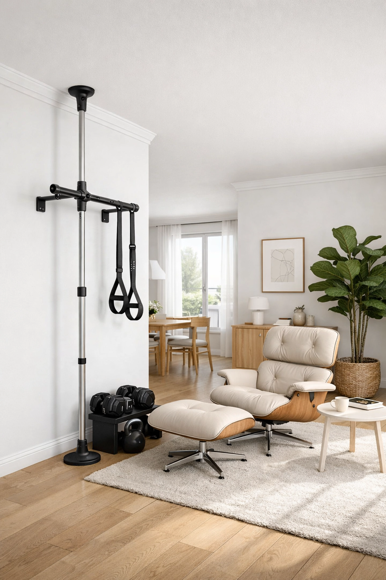 Modern living room featuring a versatile home gym with a no wall damage workout system for athletes.