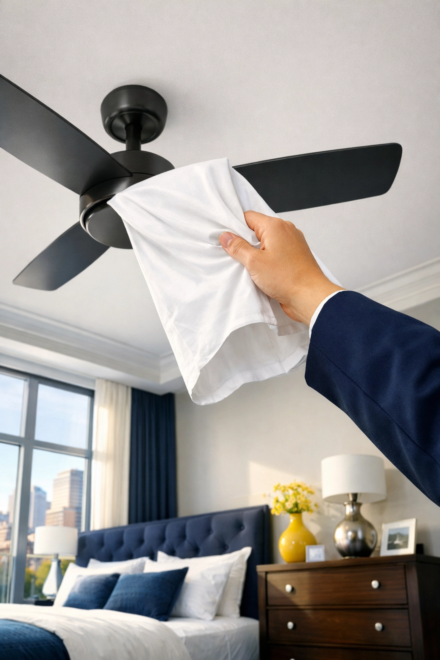 Professional cleaner using a pillowcase to clean a ceiling fan in a modern apartment cleaning Massachusetts home.