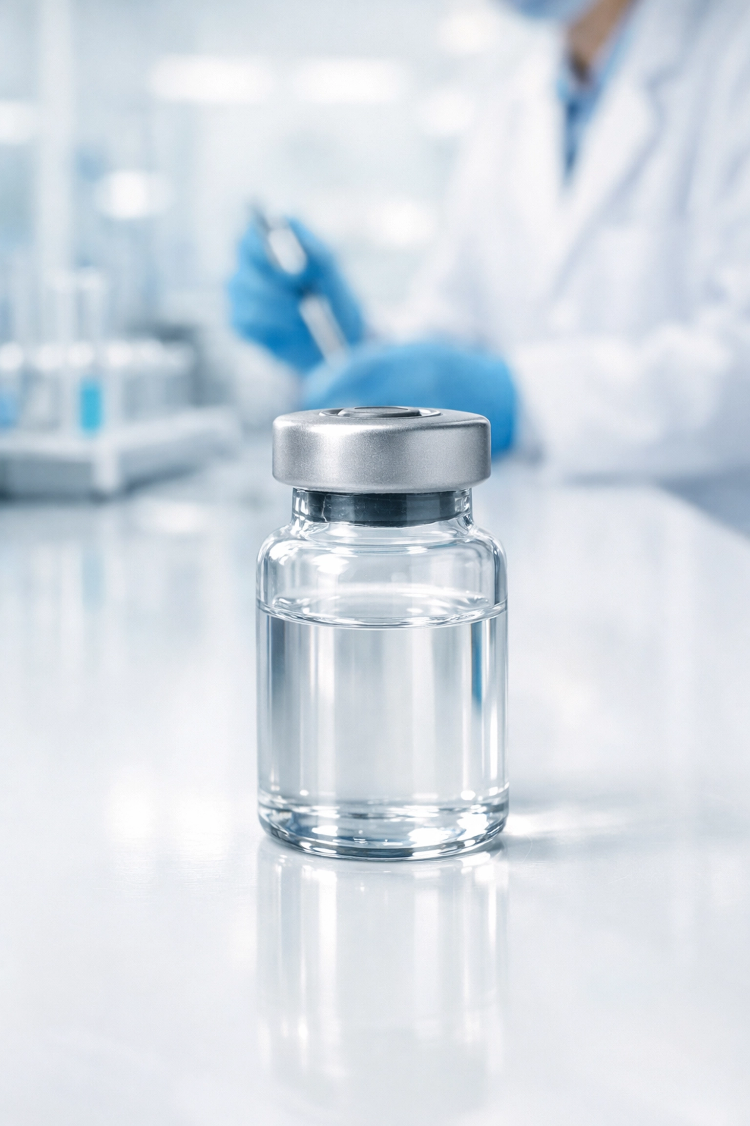 A sterile vial of compounded tirzepatide in a quality-controlled medical laboratory.