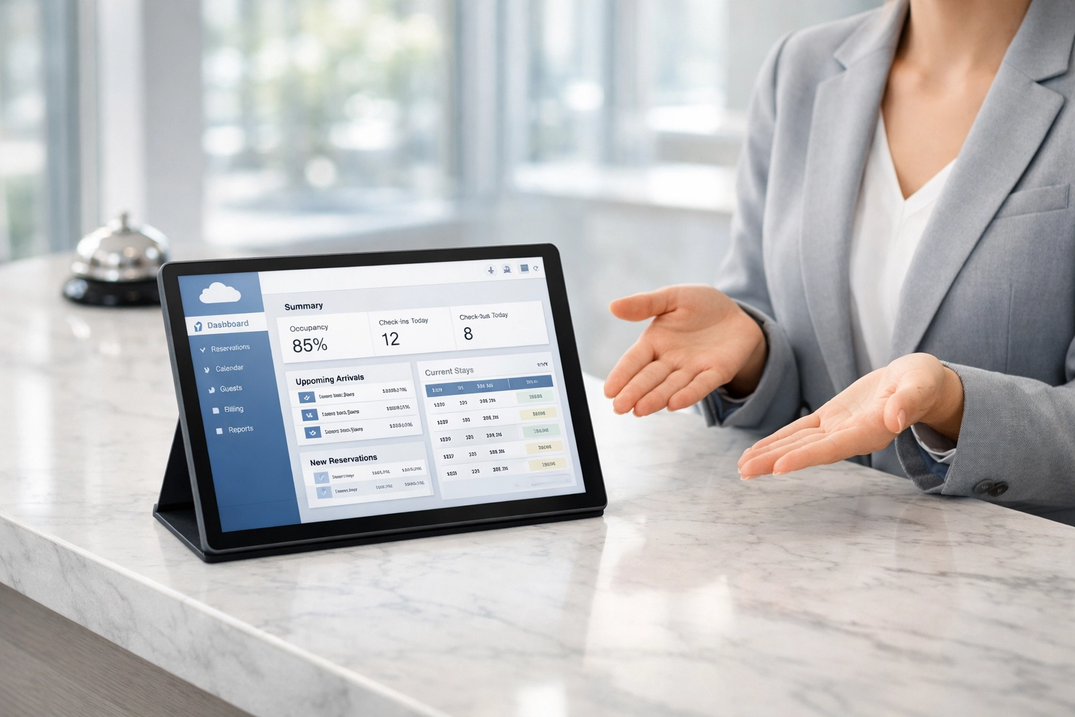 Hotel receptionist using cloud-native PMS on tablet at modern front desk